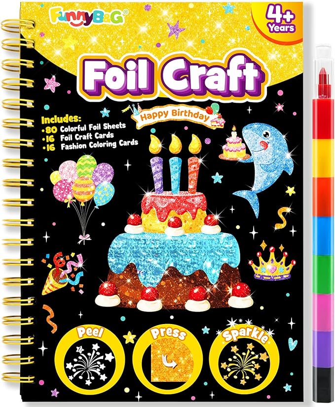 FUNNYB&G Foil Art Crafts for Kids Ages 4-8: Mother's Day 2026, Birthday Gift for Girls, Art and Crafts Supplies, Party Favors, Creative Toys for Girls 4 5 6 7 8 9 Years Old (Happy Birthday)