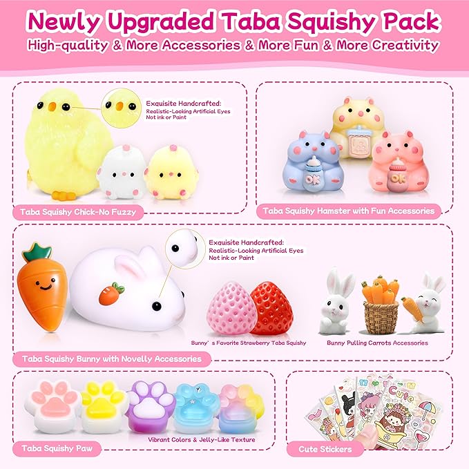 20Pcs Taba Squishy Toys Pack-Easter Taba Squishy Sensory Fidgets Toys Party Favors for Kids 4-8 8-12 -Kawaii Taba Squishies Squeeze Toys for Girls-4 5 6 7 8 9 10 11 12 Year Old Girl Birthday Gifts