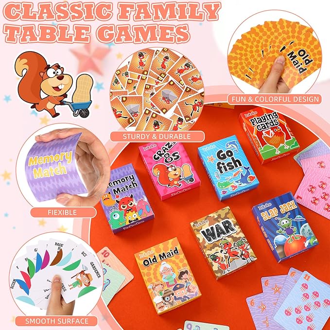 Zubebe 28 Pack Kids Card Games Gifts Bulk Classic Playing Card Game Set for Kids Includes Go Fish, Old Maid, Crazy Eights, Memory Match, Slap Jack, Playing Toy for Party Favors (Vivid)