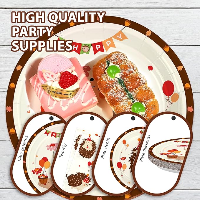 96Pcs Hedgehog Birthday Party Supplies Forest Hedgehogs Woodland Plates and Napkins Cartoon Forest Animal Themed Tableware Set for Kids Boys Girls Birthday Party Supplies，Serves 24