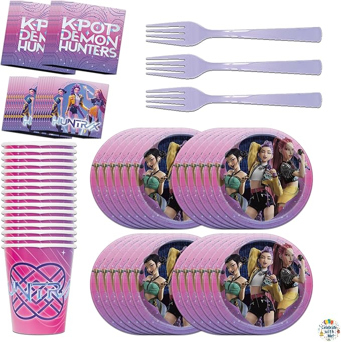 Unique K-Pop Demon Hunters Party Supplies | Complete Tableware Set | Serves 16 | Officially Licensed | Plates, Cups, Napkins, And Cutlery | Birthday Tableware For Kids, Buffets, Easy Cleanup