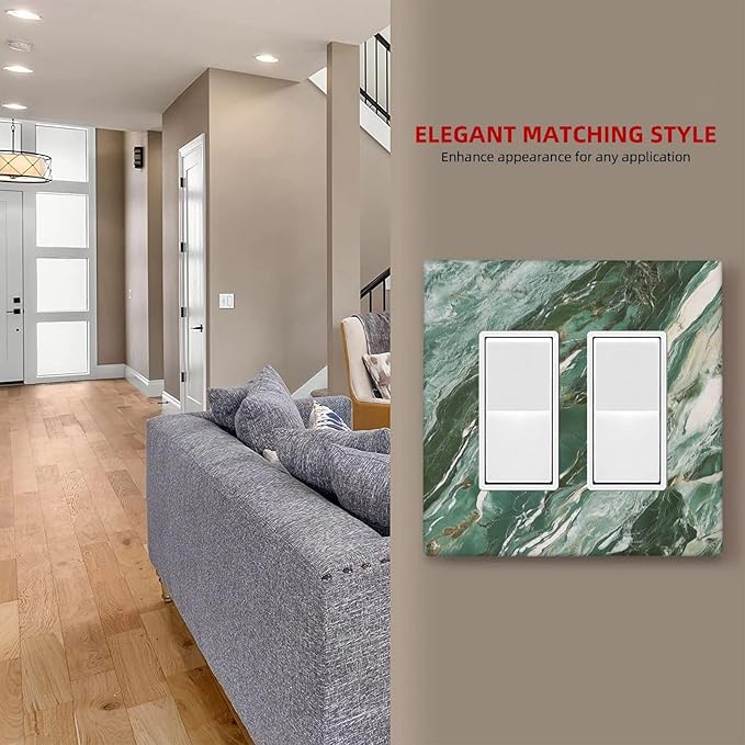 Decorative Outlet Covers with Modern Luxury Green Marble Texture Design 2 Gang Wall Plate Double Rocker Light Switch Cover Switch Plate Cover for Kitchen Bathroom Decor