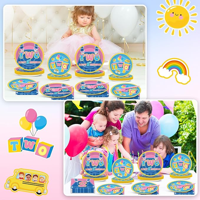 96Pcs Cartoon Girls 2nd Birthday Party Plates and Napkins Cartoon Teacher Paper Disposable Dessert Plates English Teacher Two Year Old Tableware Set for Girls Second Birthday Supplies Serves 24 Guests