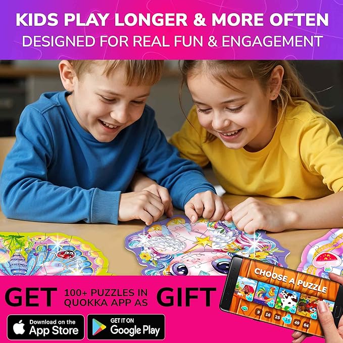 QUOKKA Puzzles for Kids Ages 4-6 – 4x48 Pieces Jigsaw Puzzles for Toddlers 2-4 – Shimmery Princess, Mermaid, Butterfly & Unicorn Shaped Children's Game Ages 3-5 – Educational Toy Gift for Kids 5-8