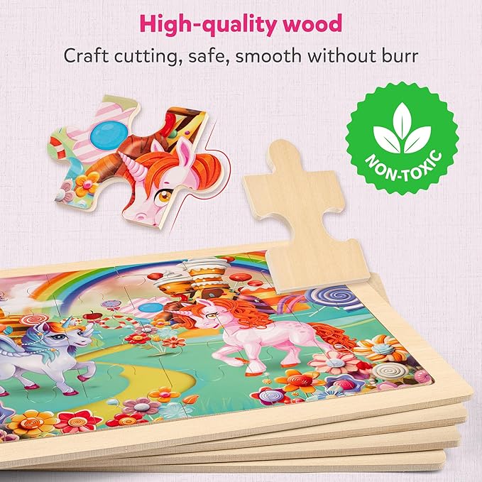 SYNARRY Large Unicorn Princess Fairy Wooden Puzzles for Girls Gift Box(12.2 * 9.4 in), 24 Pcs Puzzles for Kids Ages 4-6, Wood Puzzles for Kids Ages 3-5, Easter Basket Stuffers Gifts for Kids