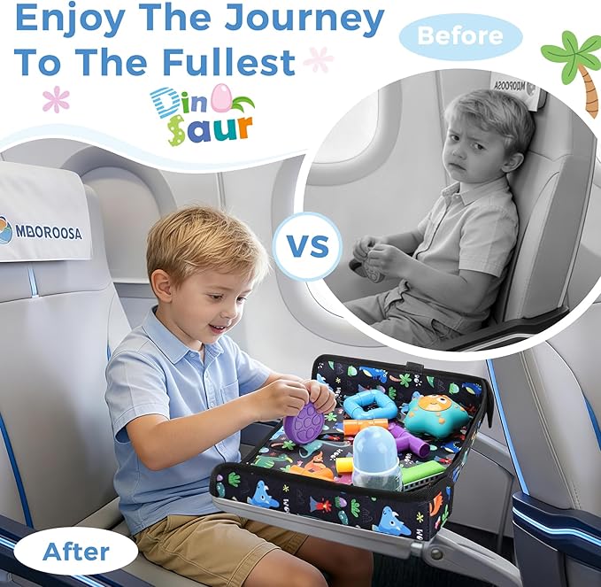 COOLBEBE Airplane Tray Table Cover Foldable Travel Tray Cover for Toddlers 1-3 Universal Fit for Airplane, Car Seat, High Chair Machine Washable, Portable Black Dinosaur