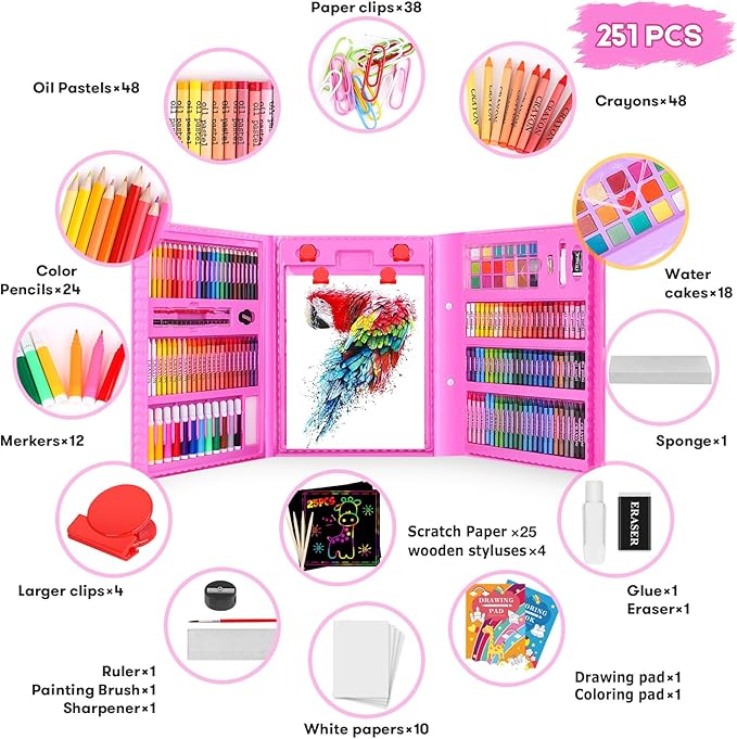 iBayam 251-Pack Art Supplies, Drawing Arts Kits for Kids Teens Adult - Travel Art Set Case with Double Sided Trifold Easel, Drawing Pad, Coloring Book, Scratch Paper, Gifts Idea for Girls Boys Artist
