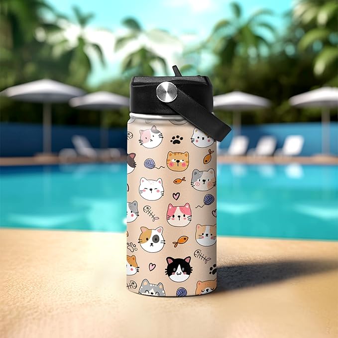 SANDJEST Kids Water Bottle Cat Water Bottles 12oz with Straw Insulated Stainless Steel Travel School Tumbler Double Wall Vacuum Cup for Girls Kid Boys