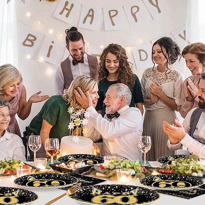 Grencian 96Pcs 60th Birthday Party Decorations Vintage 1966 Birthday Plates and Napkins Black and Gold Tabeware Sets Cheers to 60 Years Decorations for Mens Womens 60 Year Old Party Supplies Serves 24