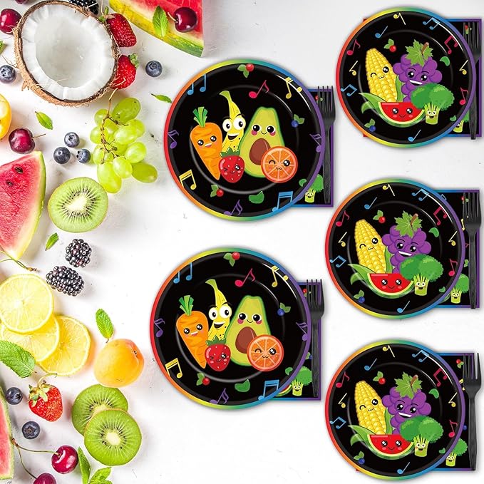 96 Pcs Dancing Fruit Party Plates and Napkins for Fruit Birthday Theme Supplies Dancing Fruits Themed Paper Dessert Plates Fruits Party Tableware Set for Kids 24 Guests Birthday Decoration