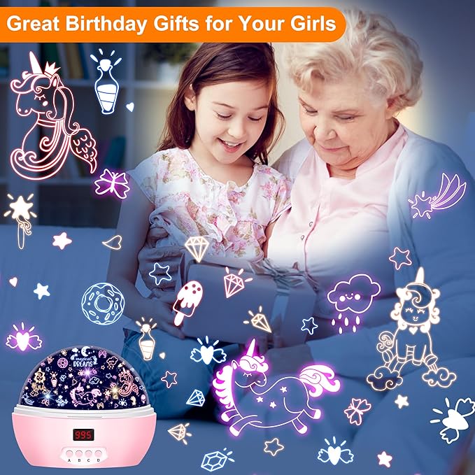 MOKOQI Kid Unicorn Night Light for Girls, and Baby Bear Night Lights Rotating Light Projector with Timer Color Changing Birthday Gifts for 3-5-10 Year Old Girls