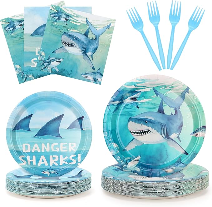 100Pcs Shark Birthday Party Plates and Napkins Supplies - 9" & 7" Paper Plates Napkins Forks - for Under The Sea Ocean Animal Theme Party Decorations,Serves 25