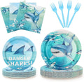 100Pcs Shark Birthday Party Plates and Napkins Supplies - 9" & 7" Paper Plates Napkins Forks - for Under The Sea Ocean Animal Theme Party Decorations,Serves 25
