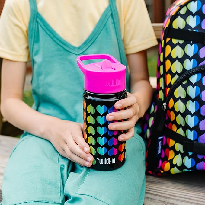 Wildkin Kids 14oz Stainless Steel Water Bottle – BPA-Free, Leakproof, Insulated, Easy-Clean - Rainbow Hearts
