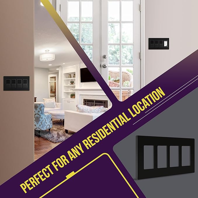 ENERLITES Screwless Decorator Wall Plates Child Safe Outlet Covers, Size 4-Gang 4.68" H x 8.30” L, Unbreakable Polycarbonate Thermoplastic, SI8834-BK, Glossy, Black