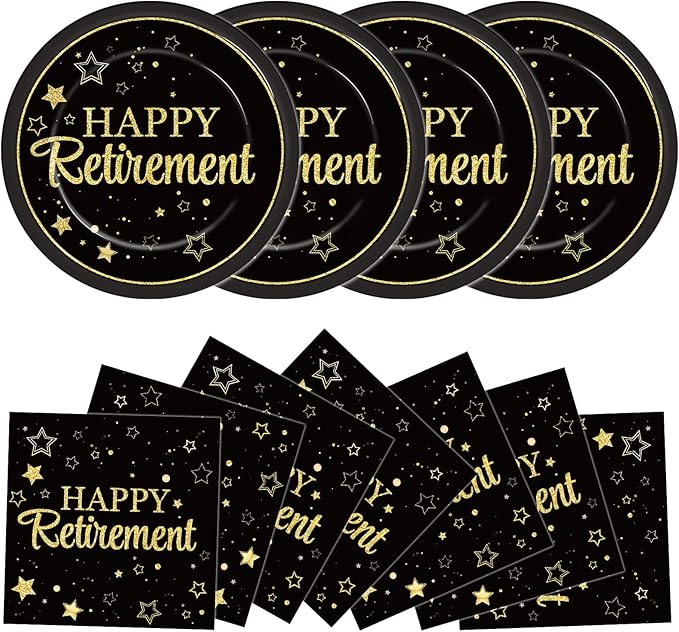 48Pcs Happy Retirement Paper Plates and Napkins Retirement Party Decorations Farewell Black and Gold Party Supplies Disposable Dinnerware Dessert Plates for Birthday Graduation Women Men Serves 24