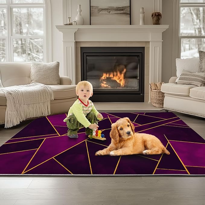 5 x 8 ft Living Room Area Rug Geometric Gold Line Triangles Low Pile Washable Indoor Rugs, Washable Rectangle Carpet Dark Purple Soft Non-Slip Runner for Bedroom Dining Room Non-Slip Carpet