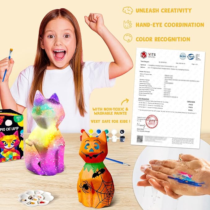 Goody King Paint Your Own Cat Lamp Kit, 2PCS DIY Cat Crafts Night Light, Easter Basket Stuffers, Arts & Crafts for Kids Ages 8-12, Painting Kit for Kids, Easter Birthday Gifts for Kids Ages 4 5 6 7 8+