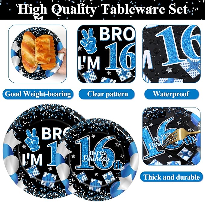 Qyeahkj 100 Pcs 16th Birthday Decorations for Boys Official Teen Supplies Plate Napkin Forks Set Disposable Blue 16th Birthday Tableware Paper Plates Dinnerware for Kids Teenager Favors Serve 25