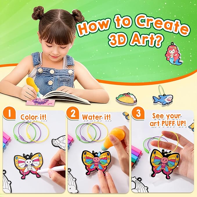 JMMICO 81 PCS 3D Art Paint & Puff Set, Mess-Free Crafts for Kids Ages 4-8-12, Glow-in-the-drak Aqua Puffs, Gifts for Girls Boys, Creative & No Mess Painting Crafts for Kids 4 5 6 7 8 9 10 Year Old