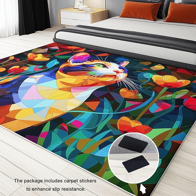 4 x 6 ft Washable Rug Geometric Cubism Calico Cats Rugs for Living Room with Non Slip Backing, Color Soft Fluffy Carpets - Modern Bedroom Nursery Stain Resistant Low Pile Carpet Mat