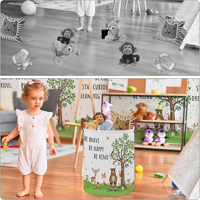 Woodland Baby Laundry Hamper,Bear Baby Boy Nursery Decor with Inspirational Quotes,Animal Toddler Laundry Hamper,Tree Storage Bin Fox Owl Towel Bin Clothes Book Toy Organizer Box(Green）
