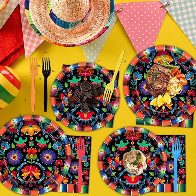 100PCS Mexican Fiesta Party Plates and Napkins Party Supplies Mayo Mexico Mexican Tableware Dinnerware Set Decorations for Dia De Los Muertos Day of The Dead Dance Pinata Colorful Ponchos Serves 25