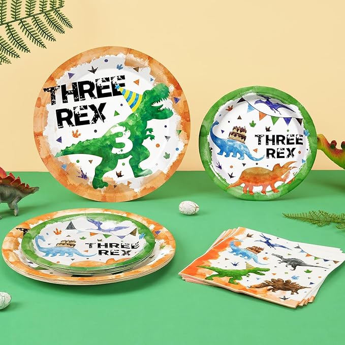 WERNNSAI Watercolor Dinosaur Party Supplies - 48 Pcs Dinosaur 3rd Birthday Party Tableware Bundles for Boys Kids Three Rex Disposable Plates and Napkins Dino Theme Party Decorations Serves 16 Guests