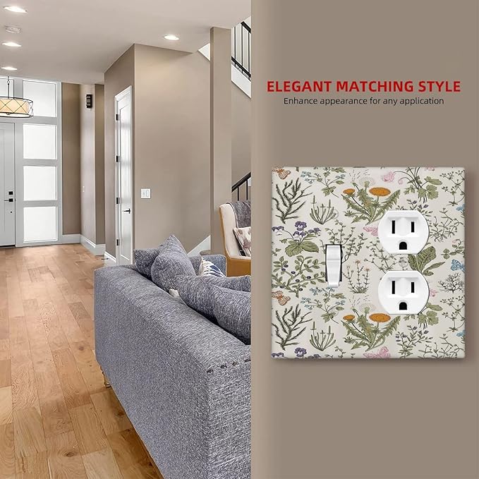 Outlet Covers Boho Floral Vintage Flowers Plants 2 Gang Decorative Switch Plates 1 Toggle Duplex Combo Light Switch Cover GFCI Electrical Wall Plates for Bathroom Bedroom Decor