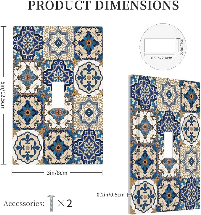 Decorative Light Switch Cover Mandala Decorative Tile Talavera Moroccan Tiles 1 Gang Single Toggle Decorator Outlet Wall Plate Device Electrical Faceplate Switchplates for Bedroom