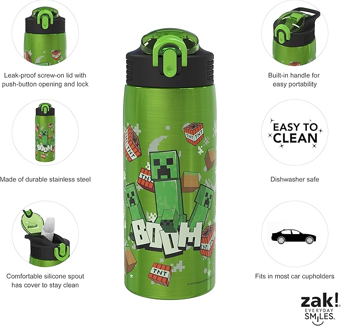Zak Designs Minecraft Water Bottle for Travel and At Home, 19 oz Vacuum Insulated Stainless Steel with Locking Spout Cover, Built-In Carrying Loop, Leak-Proof Design (Creeper)