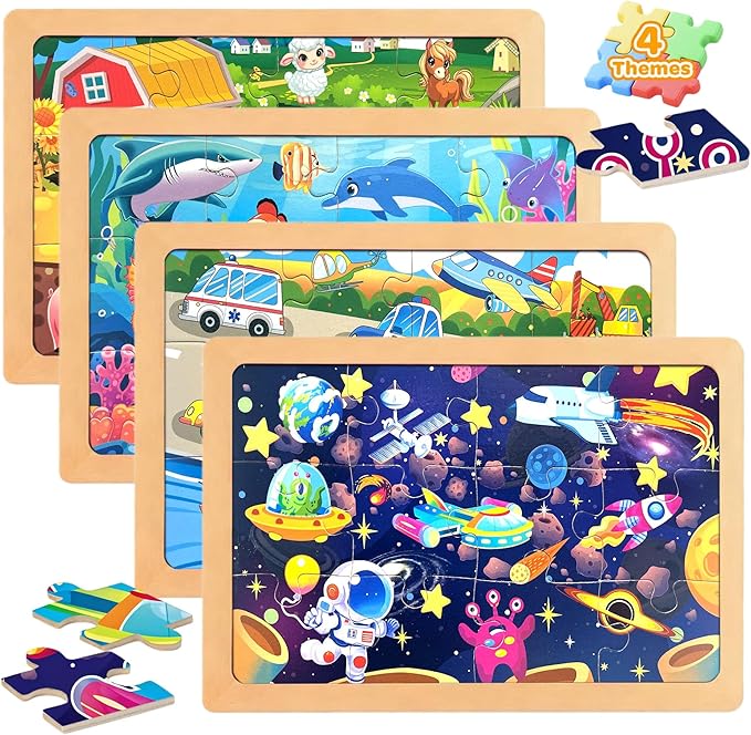 Wooden Puzzles for Toddler Ages 3+, 12 Piece Vehicle Farm Space Ocean Jigsaw Puzzles for Kids 4 Packs, Preschool Toddlers Learning Activity Puzzles Toys for Boys Girls 3 4 5 6 Years Old