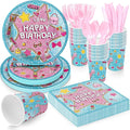 Surprise Theme Party Supplies for kids Doll Themed Birthday Party,Blue & Pink Cartoon Doll Birthday Decorations Disposable Tableware Set With Plates, Cups, Napkins & Cutlery for 24 Guests