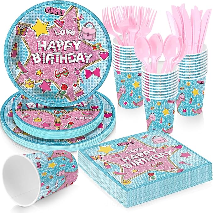 Surprise Theme Party Supplies for kids Doll Themed Birthday Party,Blue & Pink Cartoon Doll Birthday Decorations Disposable Tableware Set With Plates, Cups, Napkins & Cutlery for 24 Guests