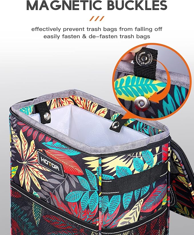 HOTOR Car Trash Can with Lid and Storage Pockets - 100% Leak-Proof Organizer, Waterproof Garbage Can, Multipurpose Trash Bin for Car, 2 Gallons, Autumn Leaves