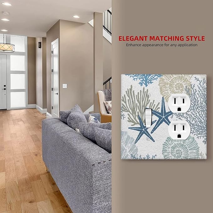 Teal Blue Ocean Nautical Beach Coral Coastal Starfish Light Switch Cover 2 Gang Combination Wall Plate 1 Toggle 1 Receptacle Duplex Switch Plate Underwater Seashell Conch Combo Device Outlet Cover