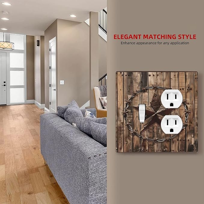 Outlet Covers Rustic Star Western Cowboy Wood 2 Gang Decorative Switch Plates 1 Toggle Duplex Combo Light Switch Cover GFCI Electrical Wall Plates for Farmhouse Home Decor