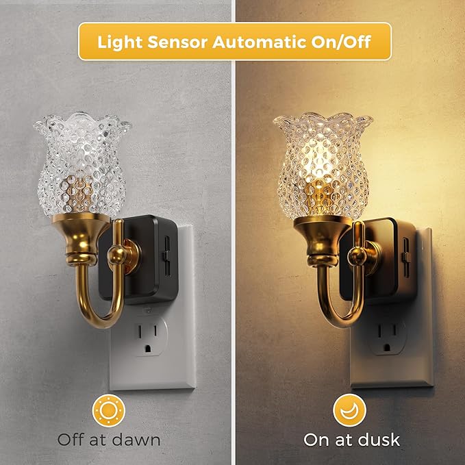 L LOHAS LED Night Lights Plug into Wall, 2 Pack 3000K Soft White LED Floral Night Lights with Auto Sensor, 0-100lm Adjustable Brightness, for Hallway Bedroom Stairway