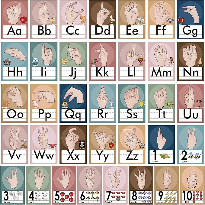 YIYDONG 36 Pieces ASL Alphabet Line Bulletin Board Set ABC Number Sign Language Flash Cards Wall Decorations for Pre-School Kindergarten Elementary Classroom Nursery Homeschool (Boho)