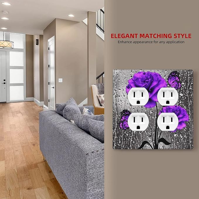 Fashion Purple Gray Blossom Flower Floral Art 2-Gang Device Duplex Wall Plate, Fashion Woman Love Grey Lady Rose Decorative Two Gang Double Duplex Receptacle Socket Outlet and Light Switch Cover Plate