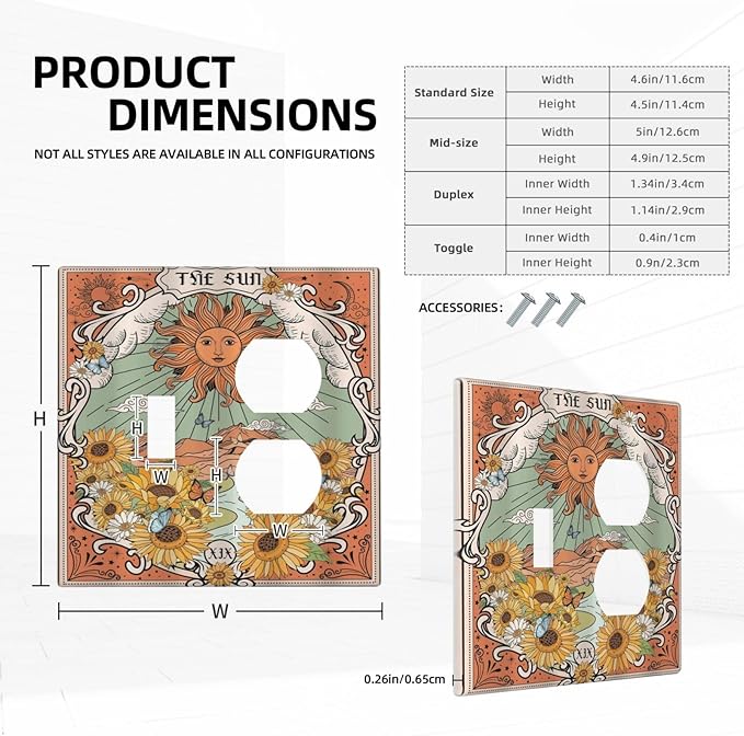Boho Retro Sun Sunflower Vintage Flower Butterfly Wallplates 1 Toggle 1 Duplex Switch Plate Electrical GFCI Faceplate Decorative Light Switch Covers for Farmhouse Home Decor