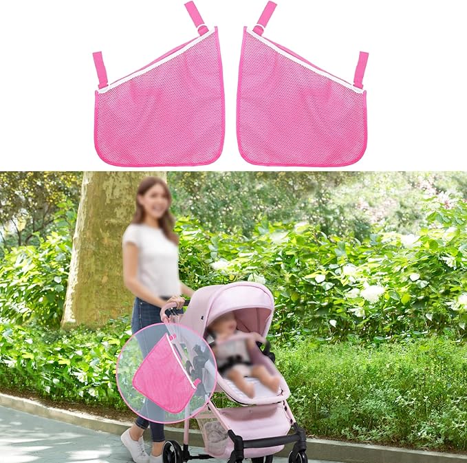 2 Pack Side Sling Cargo Stroller Net, Universal Stroller Organizer Bag, Non-Slip and Adjustable Straps Storage Mesh Cargo Net for Stroller Storage (Pink)