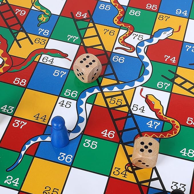 Gothink Wooden Snakes and Ladders Game - 13 Inch Educational Board Game for Children Ages 3 and Up & Adults - Classic Board Game Includes 6 Counters & 2 Dice, Rules