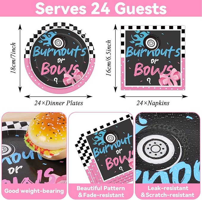 Qyeahkj Burnouts or Bows Gender Reveal Party Supplies Serves 24 Baby Boy or Girl Party Paper Plates Napkins Gender Reveal Tablecloth Set Tableware Kit for Baby Shower