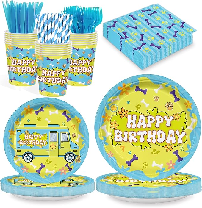 168PCS Scooby Dog Party Supplies for Girls Boys Cartoon Themed Happy Birthday Party Decorations Paw Paper Plates Napkin Cups Forks Knives Straw Tableware for 24 Guests