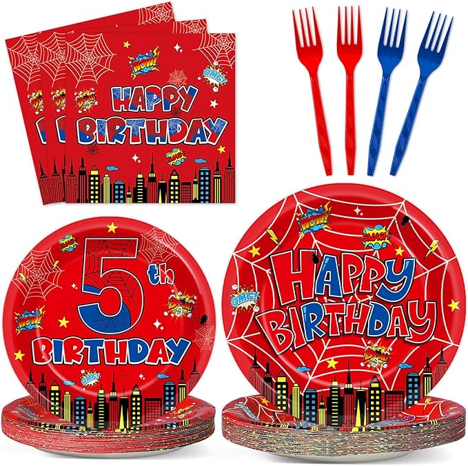 96Pcs Spider 5th Birthday Party Decorations Cartoon Spider Theme Plates Napkins Red Blue Hero Tableware set Disposable Spiderweb 5th Birthday Decoration Favors for Kids 5 Year Party Supplies Serve 24