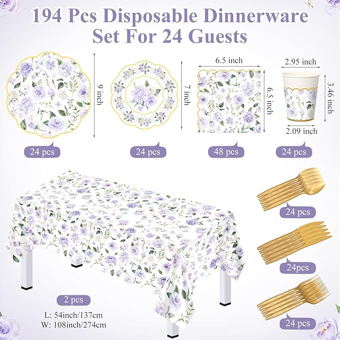 Pickmesh 194 Pcs Purple Floral Party Supplies for 24 Guests, Spring Floral Paper Plates and Napkins Cups Tablecloth Cutlery for Women Birthday Tea Bridal Shower Garden Party Supplies