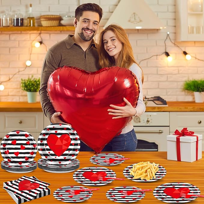 Wiooffen 96 Pcs Valentine's Day Party Plates Napkins Tableware Set Valentines Red Love Heart Stripe Supplies Disposable Dinnerware Valentine's Day Decoration Favors for Wedding 24 Guests