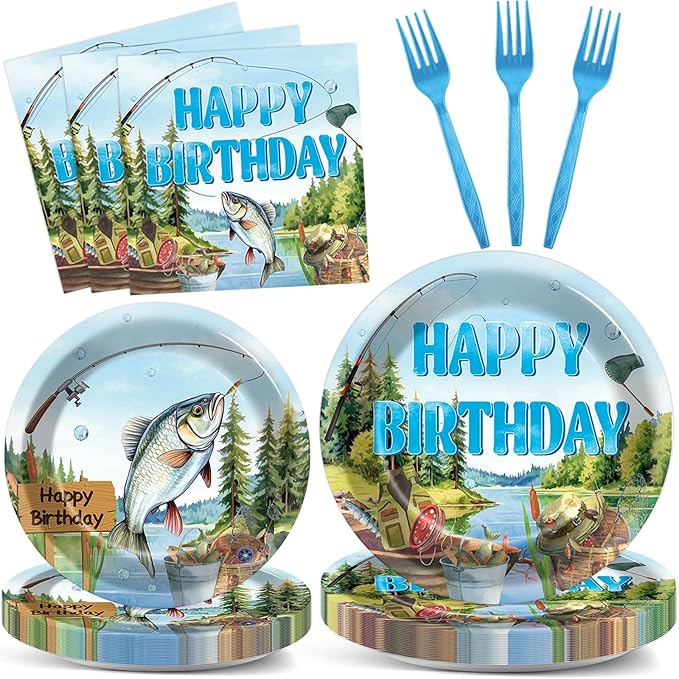 96Pcs Gone Fishing Party Plates Napkins Ofishally Birthday Supplies Fishing Birthday Paper Dessert Cake Plates Tropical Fish Tableware Sets for Kids Boys 24 Guests Birthday Party Decorations