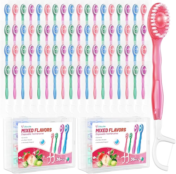 72 Pack 5-in-1 Disposable Toothbrushes with Toothpaste, Floss, Pick & Tongue Scraper, Portable Mini Toothbrush Travel Set for Kids Adults, Individually Wrapped, Work Camping, Mixed Flavor
